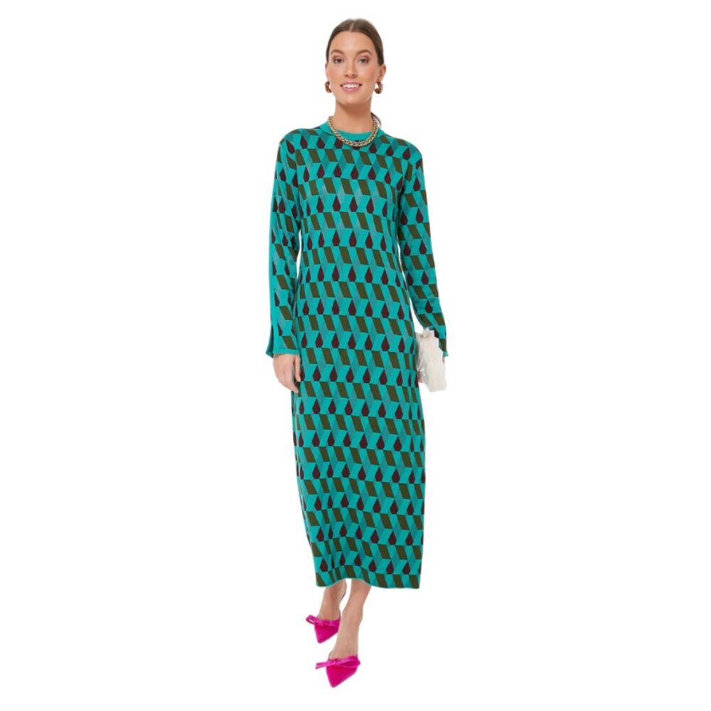 NWT La DoubleJ Diamonds Jacquard Knit Maxi Dress Womens Large Green Crew Neck - Picture 2 of 13